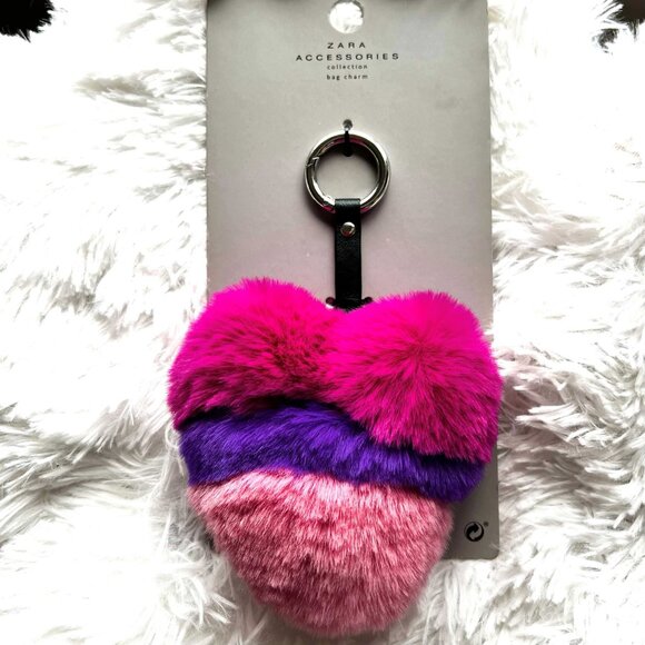 NWT ZARA HEART KEYRING BAG CHARM FUR *Hot Pink *Purple *Pink - Picture 3 of 10